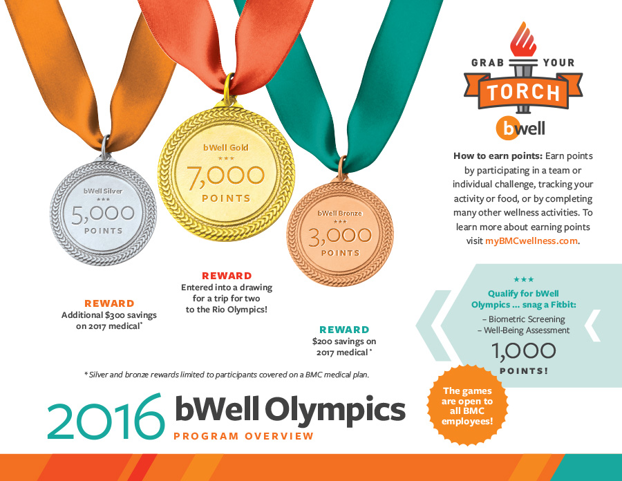 Grab your torch. 2016 bWell Olympics program overview. How to earn points: Earn points by participating in a team or individual challenge, tracking your activity or food, or by completing many other wellness activities.  Rewards -- 1000 points: snag a Fitbit. 3000 points: $200 savings on 2017 medical. 5000 points: additional $300 savings on 2017 medical. 7000 points: entered into a drawing for a trip for two to the Rio Olympics!